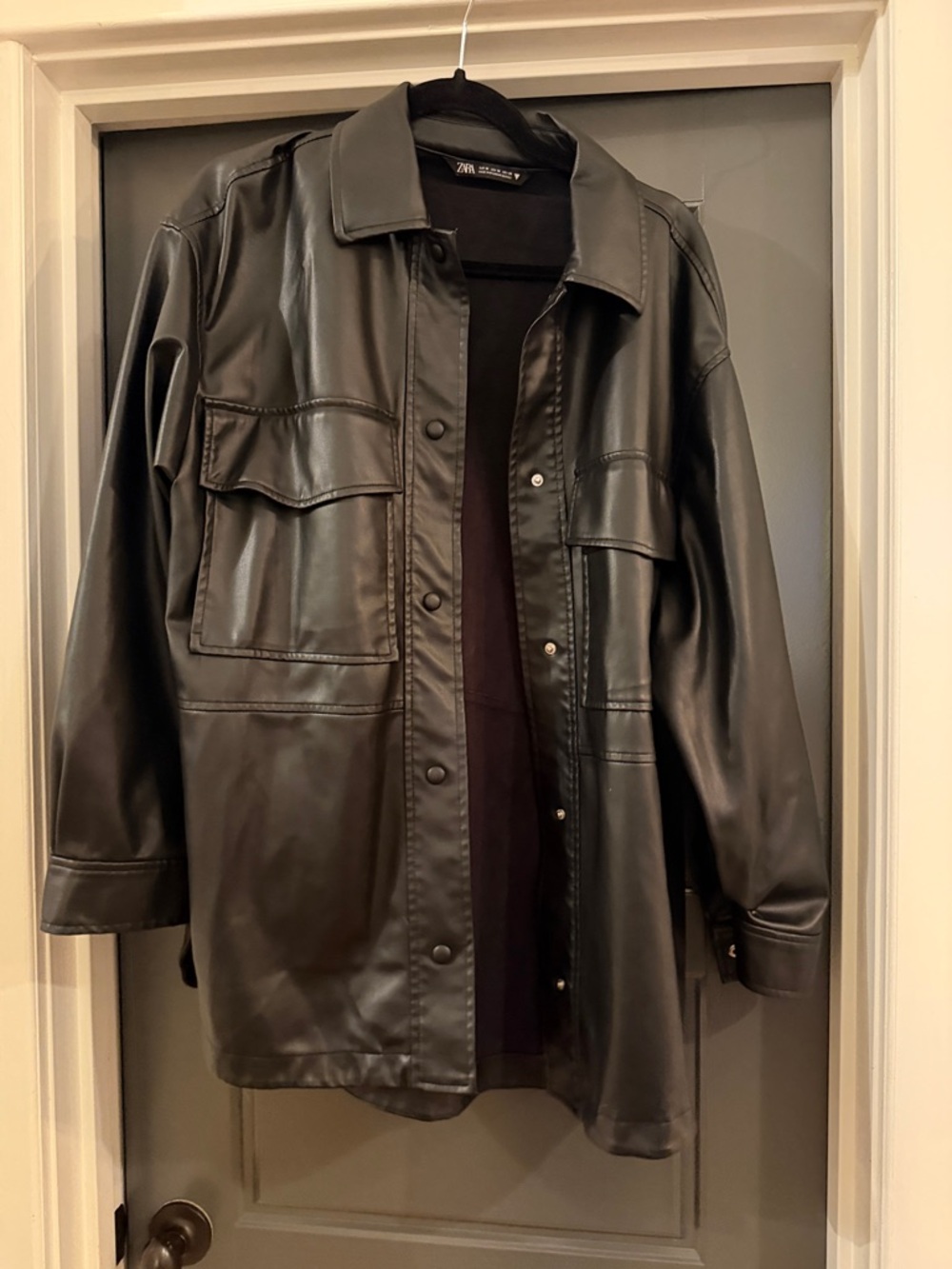 Zara Black Faux-Leather Shirt Jacket with Patch Pockets